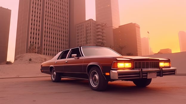 Expesive retro car in 70s style on the urban street with orange sky. Generated AI
