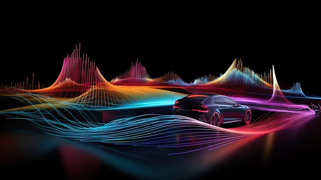 Car audio installation service concept with auto vehicle surrounded by music and sound waves. Generated AI