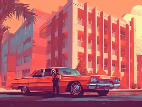 Retro car is parked in front of a large building. Red toned illustration of summer hot scene with car. Generated AI.