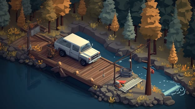 Summer landscape with camping and travel scene. Car in the forest with wooden buildings. Generated AI