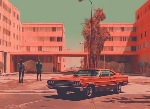 Retro car is parked in front of a large building. Red toned illustration of summer hot scene with car. Generated AI.