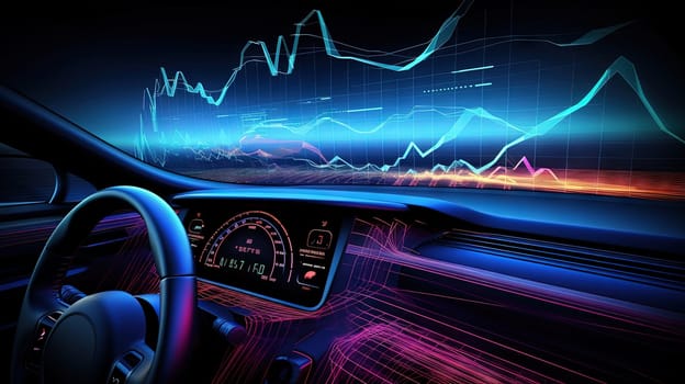 Futuristic car dashboard with graphs and bars for measurement and tuning of self-driving vehicle. Generated AI.