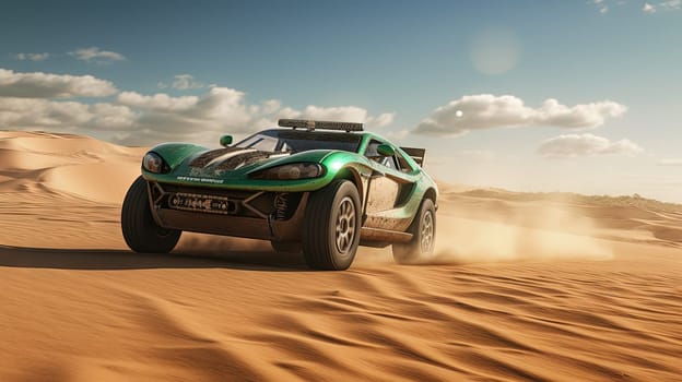 Vintage rally car in desert splashing the dirt in retro racing styled scene. Generated AI.