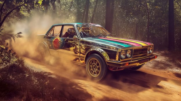 Vintage rally car with holographic color splashing the dirt in retro racing styled scene. Generated AI