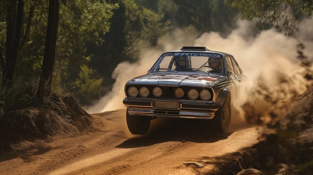 Old rally car on the road, splashing the dirt in racing scene in the forest. Generated AI.