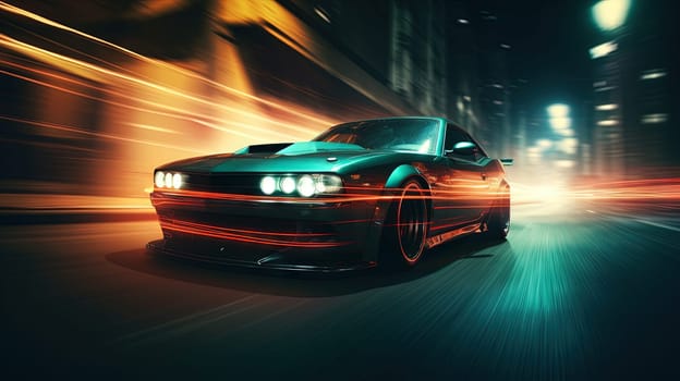 Street racing scene with sport car in neon lights. Speed lines and light trails of night urban drive. Generated AI