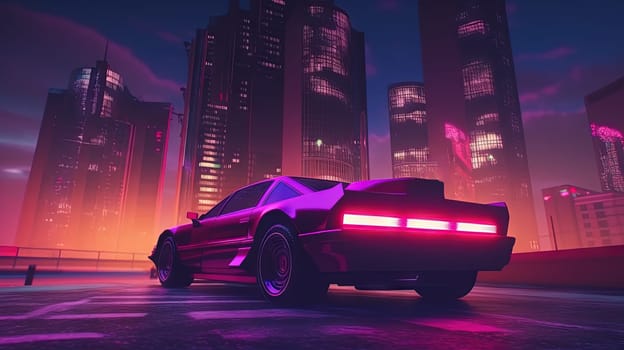 Futuristic car on the cybeprunk street in blue and purple synthwave colors. Cool retro supercar on synthwave street. Generated AI
