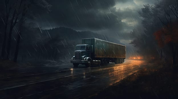 Cargo truck driving in the night or sundown. Transportation industry scene with long haul car. Generated AI