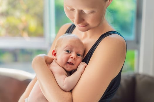 A mother lovingly embraces her newborn baby, holding them close to her chest. A tender moment of warmth, security, and deep maternal love, symbolizing bonding, comfort, and the unbreakable connection between mother and child.