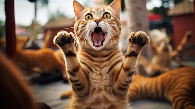 Funny surprised cat with a questioning pose. A cute kitten asks in surprise where the treats are. Generated AI