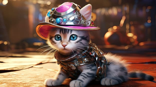 Party cat in neon colors. Funny kitten with holographic hat in 90s style neon lights. Generated AI