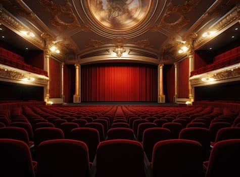 Theatre interior with seats and red drapery. Movie theater room with chairs. Generated AI
