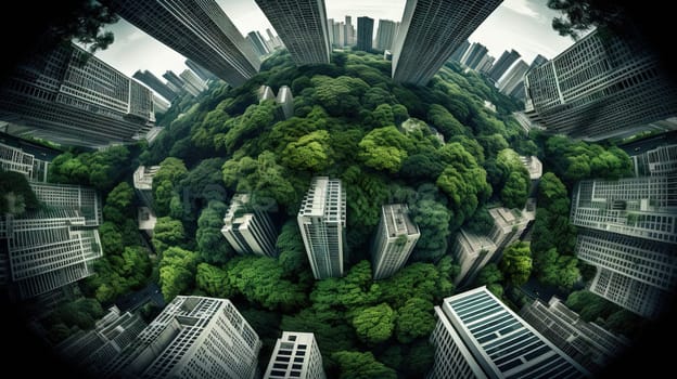 Retro futuristic cityscape flooded with green plants. Green technology. Environmental technology concept. Sustainable development goals. Generated AI.