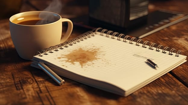 Cup of coffee and notepad with pen composition, top view. Generated AI
