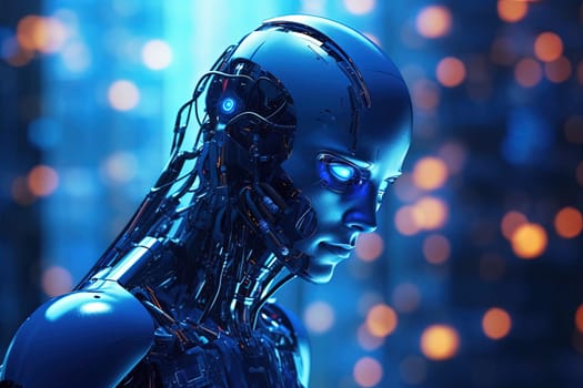 Android or cybernetic human with neon blue eyes. Sci-fi concept of futuristic cyberpunk robot. Generated AI.