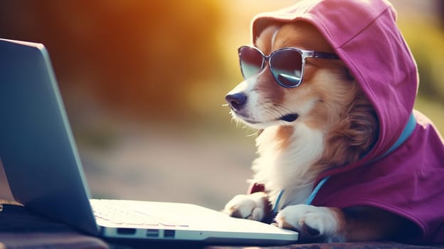 Dog works with the laptop. Remote work or freelance concept with funny puppy. Generated AI