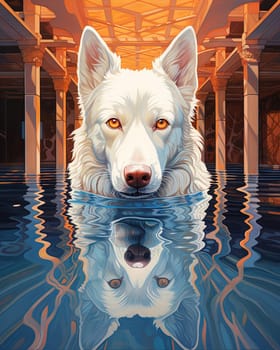 White dog in pool in artistic 3D style, digital art surrealism. Generated AI.