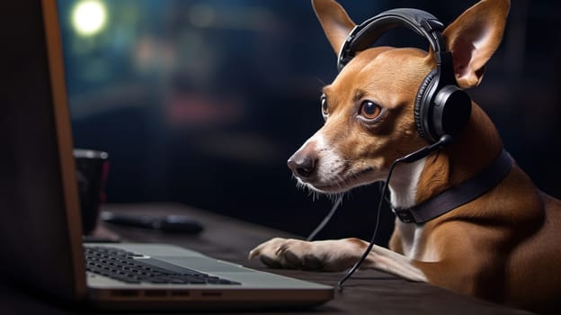 Dog works with the laptop. Remote work or freelance concept with funny puppy. Generated AI