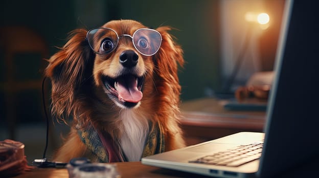 Dog works with the laptop. Remote work or freelance concept with funny puppy. Generated AI
