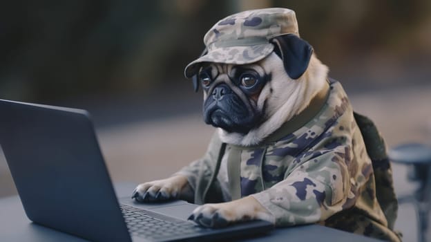 Dog works with the laptop. Remote work or freelance concept with funny puppy. Generated AI