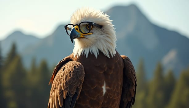 Close-up of a majestic eagle wearing glasses against a mountain landscape. Generated AI.