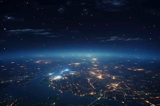 Futuristic city aerial view at night. Structure of sci-fi metropolis with neon lights from the bird view. Generated AI.