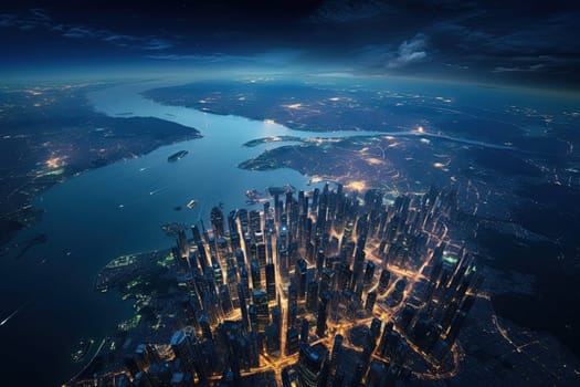 Futuristic city aerial view at night. Structure of sci-fi metropolis with neon lights from the bird view. Generated AI.