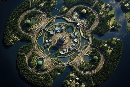 Futuristic city aerial view at sunny day. Round structure of sci-fi metropolis from the bird view. Generated AI.