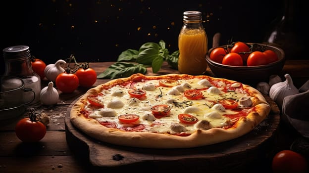 Pizza with cheese, tomatoes and other ingredients on the kitchen table. Generated AI