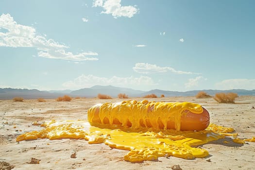Juicy hotdog in the desert. Fast food snack with sausage laying on the ground. Generated AI