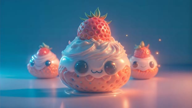 3D strawberry cupcake character with cream in kawaii style and dreamy colors. Generated AI.