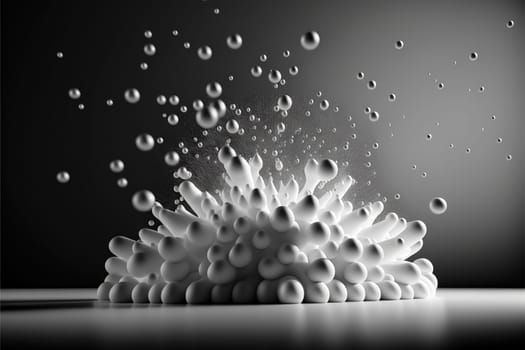 Abstract foam clouds with splashing forms and drops. Black and white foam cloud background. Generated AI.