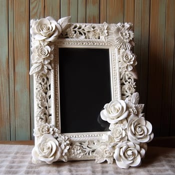Vintage frame with royal or art nouveau ornament standing by the wall. Generated AI.