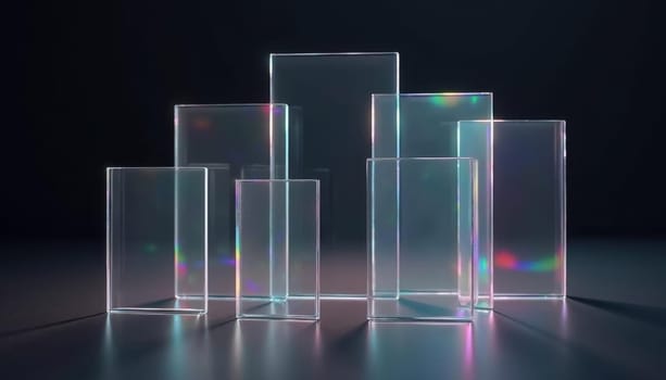 Abstract arrangement of transparent glass panels with soft lighting and reflections in the style of 3D glassmorphism. Generated AI.