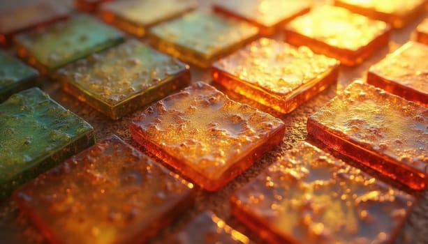 Illuminated colored glass panels with on a dark background in the style of 3D glassmorphism. Generated AI.