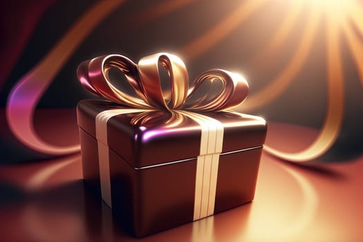 Cute and cozy gift box with ribbon. Gift box on shiny bokeh background. Generated AI