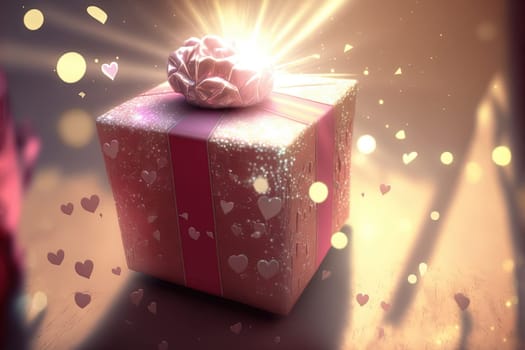Cute and cozy gift box with ribbon. Gift box on shiny bokeh background. Generated AI
