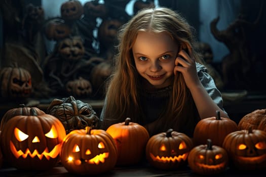 Young girl holding a Halloween pumpkin with a smile on her face. Generated AI.