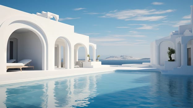 Hotel pool in the sunny day with blue water and white buildings. Resort architecture with swimming pool. Generated AI