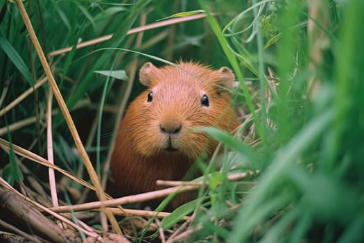 Curious hamster rodent looking from the grass at summer day. Generated AI
