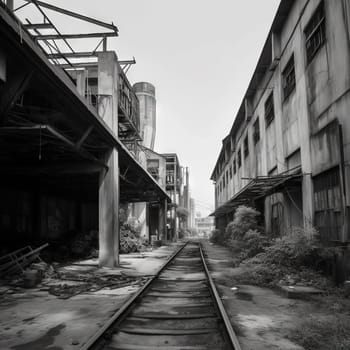 Abandoned industrial factory with rusty metallic warehouse buildings and railway. Generated AI