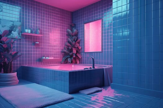 Stylish bathroom interior design in vaporwave style. Bathtub, towels and other personal bathroom accessories in blue and pink colors. Modern glamour interior concept. Generated AI