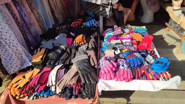 Gloves colorful display clothing shop street store objects fashion show . High quality photo