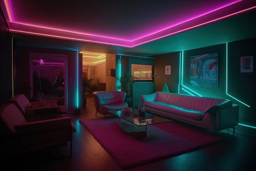 Synthwave style neon room. Retro interior in 80s style with neon lights. Generated AI
