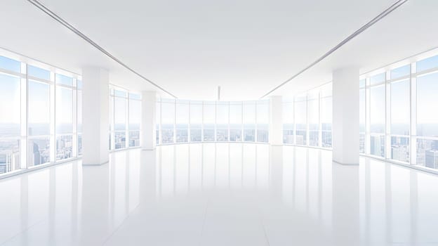 A large, wide open hall or room with a big windows and view. Generated AI.