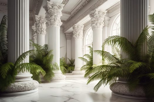 Large white hall with tall pillars and a lot of greenery. Generated AI.