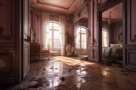 Abstract surreal interior of lightened room with strange decorations. Generated AI