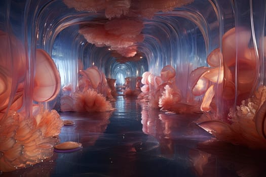Surreal sci-fi interior of grown house. Bio technology science fiction room. Generated AI