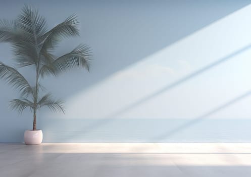 Interior designed in minimalism with palm tree, natural light, and modern style, creating clean and serene space. Generated AI