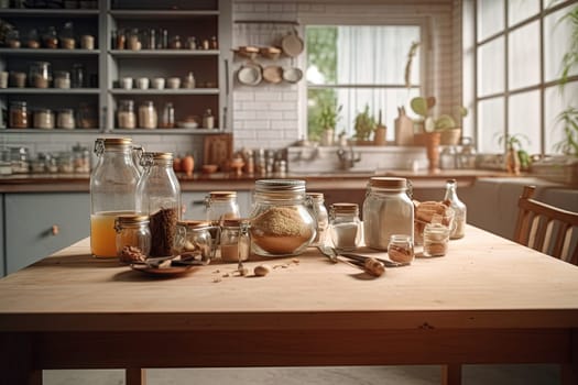 Kitchen table with food ready for cooking in the sunny room with window. Bright kitchen interior. Generated AI